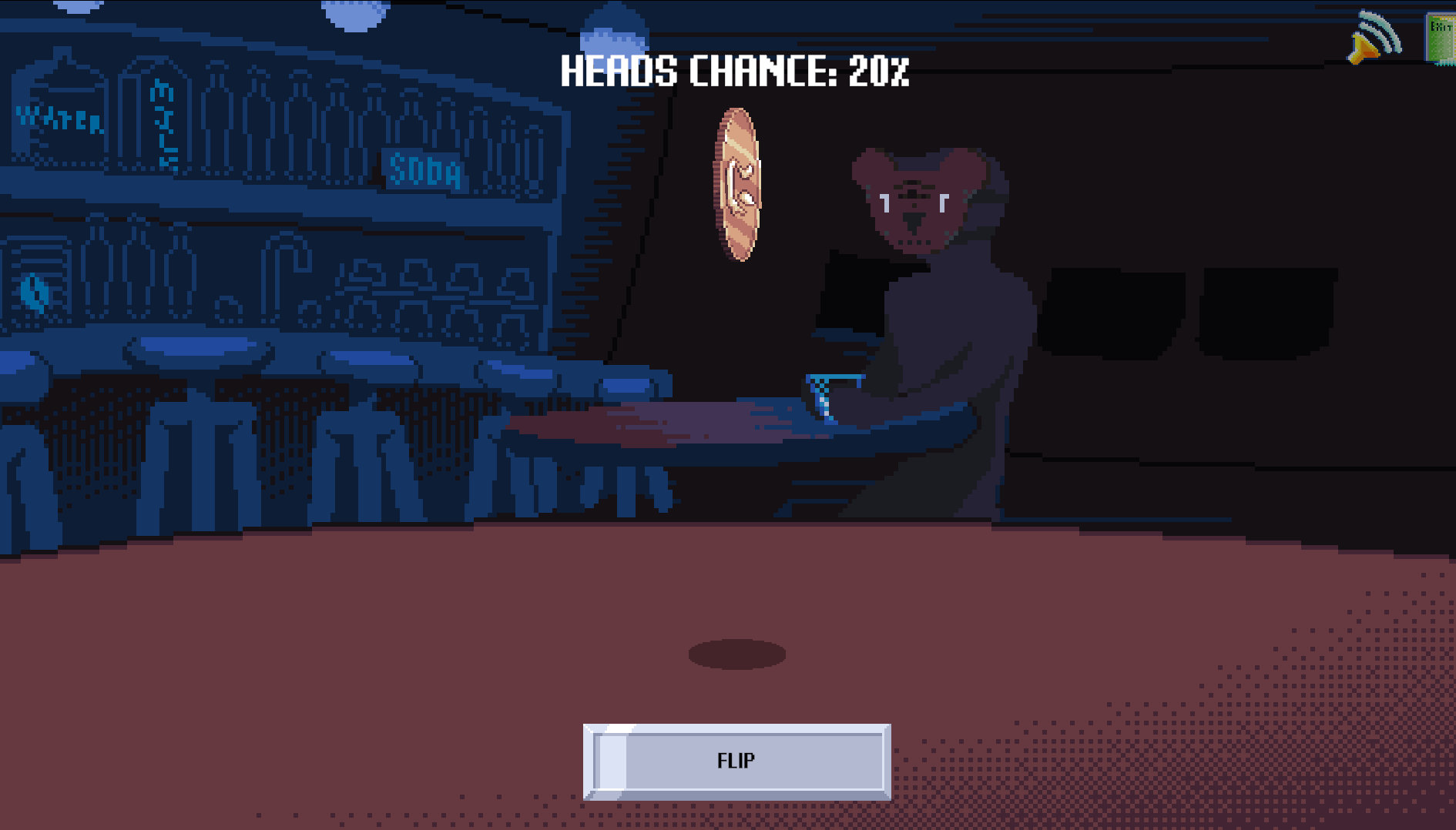 A coin with a smiley face on it suspended in mid-air, mid-flip. In the background, someone with a bear mask holds a glass of water. There is a button that says FLIP and the top of the screen says 'HEADS CHANCE: 20%'